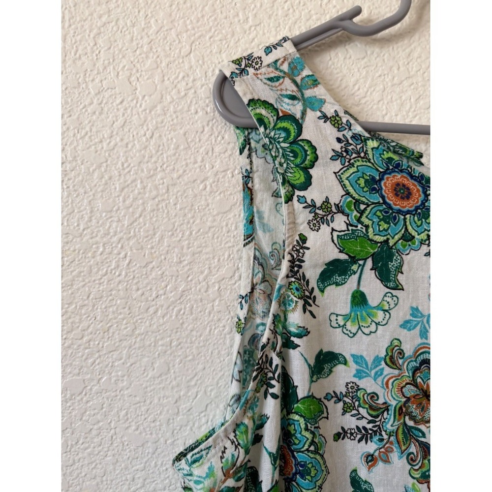 Womens Floral Linen Rayon Sleeveless Blouse Top Green Blue White Tie Back size X - Picture 7 of 13